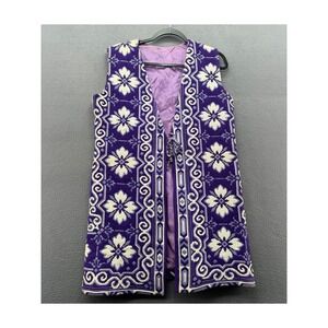 Vintage Handmade Needlepoint Tapestry Vest Purple Floral Geometric Long Duster